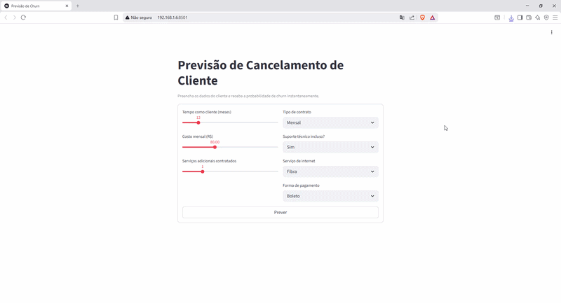 Prévia do app de previsão de churn em Streamlit